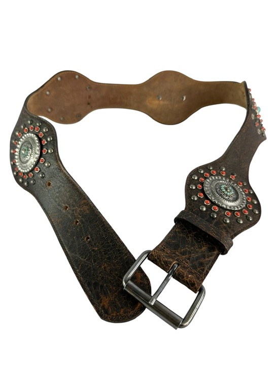 Rare Vintage STREETS AHEAD Brown Wide Leather Western Belt Conchos M 34 USA main image 10
